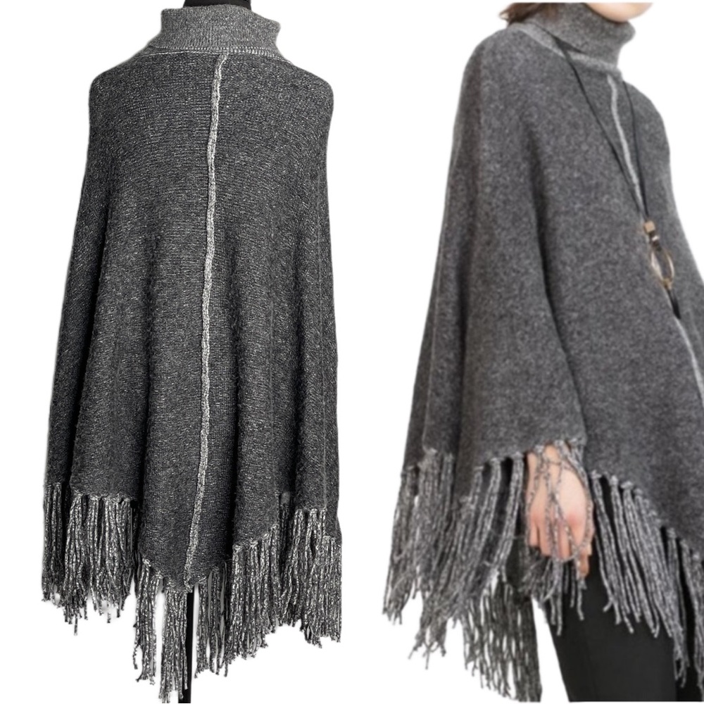 ZARA Gray Turtleneck Knit Poncho Sweater
